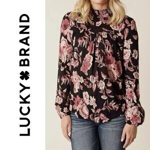 Lucky Brand Women’s Mock Neck Long Sleeve Top, Pink and Black Floral, Size L